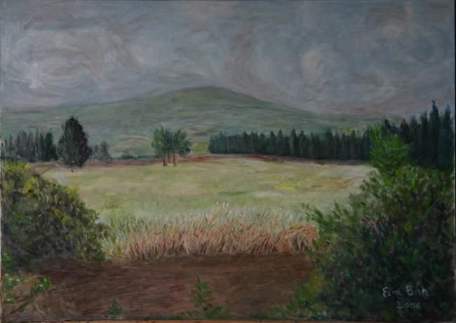 Painting titled "field with cypresses" by Eva Ban Gophen, Original Artwork