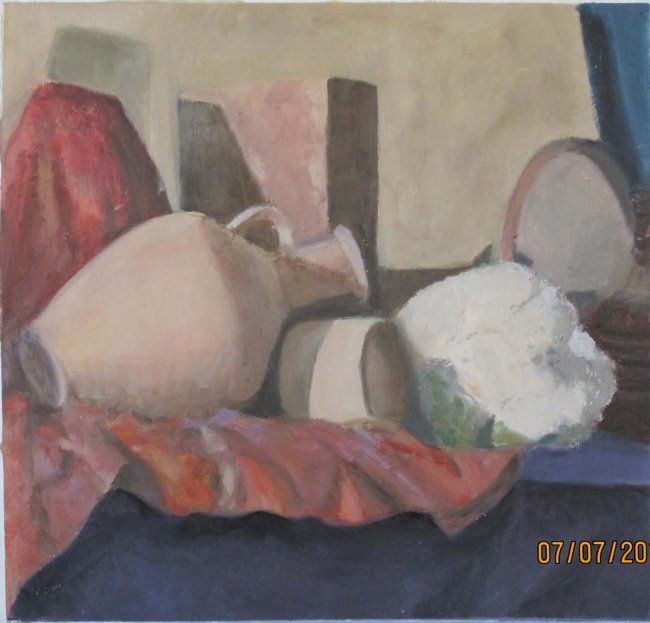 Painting titled "Jar and cauliflower" by Eva Ban Gophen, Original Artwork