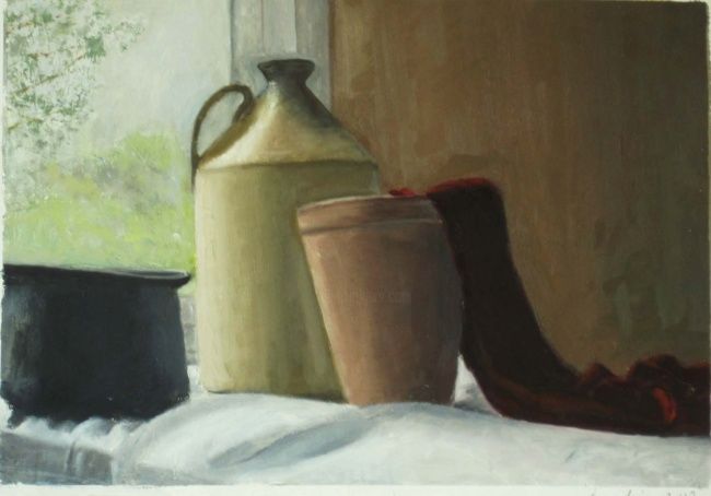Painting titled "Jar by the window" by Eva Ban Gophen, Original Artwork, Oil