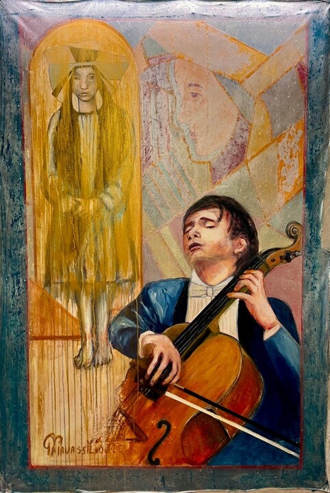 Pittura intitolato "Le joueur de violon…" da Evangeli Papavassiliou, Opera d'arte originale, Acrilico
