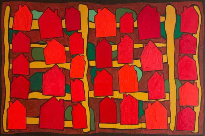 Painting titled "Little yellow stree…" by Eva Rouwens, Original Artwork, Acrylic Mounted on Wood Stretcher frame