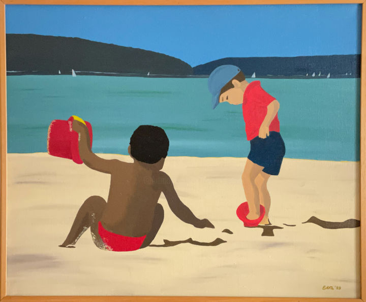 Malarstwo zatytułowany „Jeux de plage” autorstwa Eva Rouwens, Oryginalna praca, Akryl Zamontowany na Drewniana rama noszy