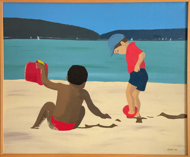 Painting titled "Jeux de plage" by Eva Rouwens, Original Artwork, Acrylic Mounted on Wood Stretcher frame