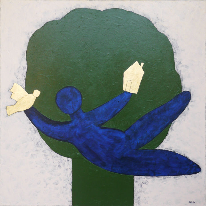 Painting titled "Bleue - 80 x 80 cm" by Eva Rouwens, Original Artwork, Acrylic Mounted on Wood Stretcher frame