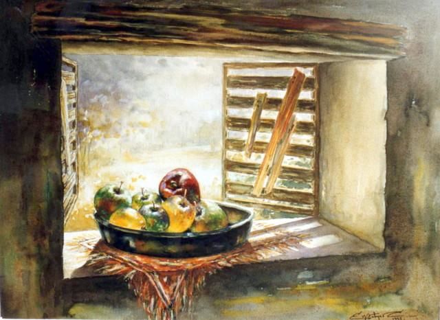 Pintura titulada "Manzanas en ventana" por Eva Salazar Castro, Obra de arte original, Oleo