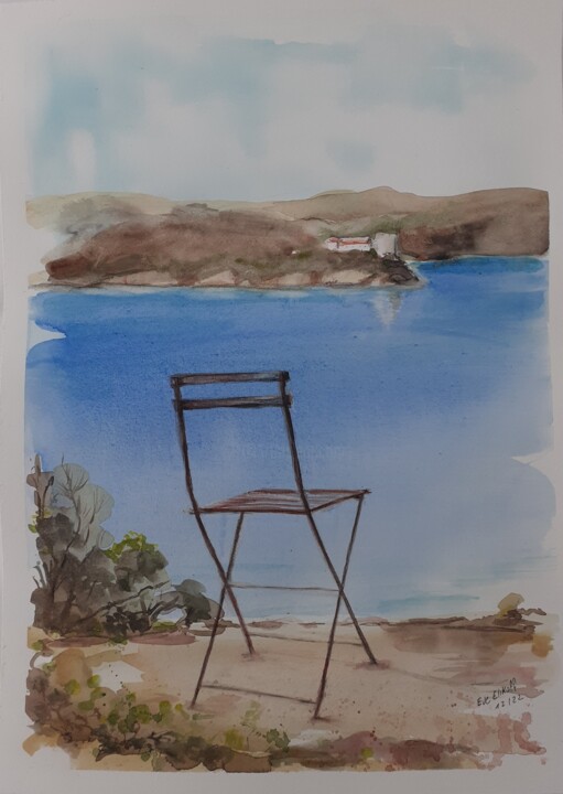 Painting titled "Chaise devant Port…" by Eve Elikoff, Original Artwork, Watercolor