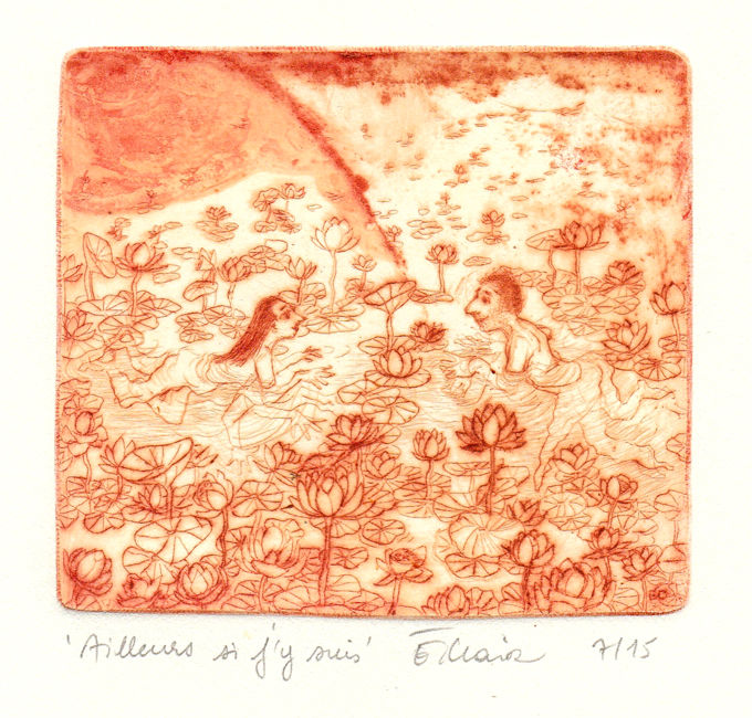 Gravures & estampes intitulée "AILLEURS SI J'Y SUI…" par Eve Clair, Œuvre d'art originale, Gravure