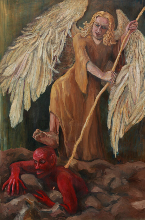 Картина под названием "Archangel Michael a…" - Robertas Kasperovicius, Подлинное произведение искусства, Масло