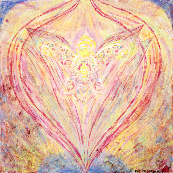 Malerei mit dem Titel "Engel über die Erde" von Evelyn Cerys, Original-Kunstwerk, Acryl