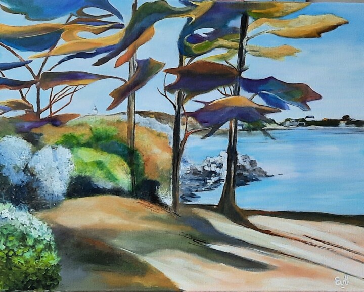 Painting titled "Les Pins de Port Bl…" by Evelyne Beaurain, Original Artwork, Acrylic Mounted on artwork_cat.