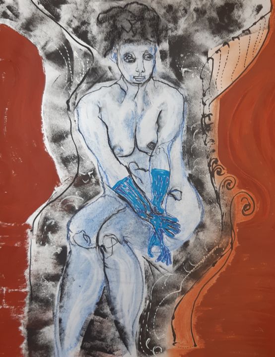 Рисунок под названием "Los guantes azul" - Evelyne Cassan, Подлинное произведение искусства, Пастель