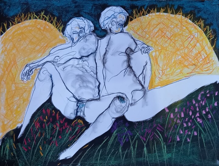 Dessin intitulée "l amour est dans le…" par Evelyne Cassan, Œuvre d'art originale, Pastel