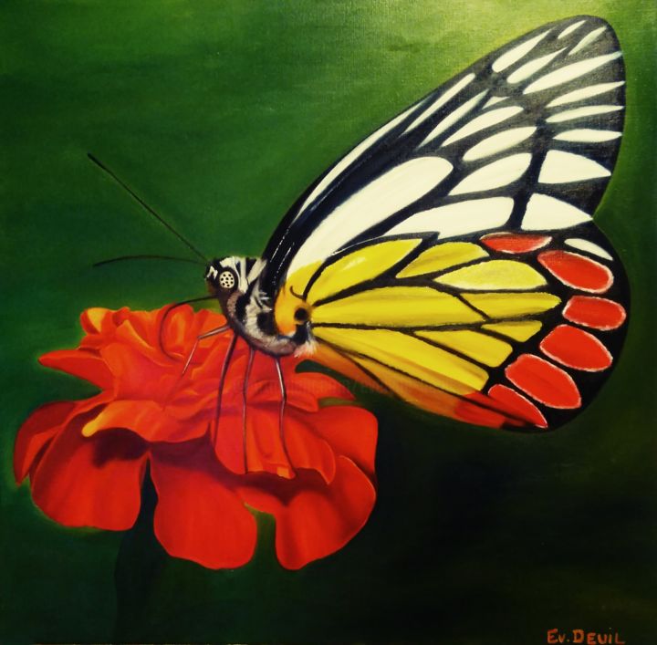 Painting titled "Papillon" by Evelyne Deuil, Original Artwork, Oil