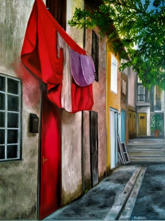 Painting titled "une rue" by Evelyne Deuil, Original Artwork, Oil