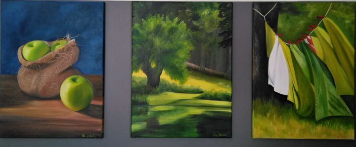 Painting titled "Verts" by Evelyne Deuil, Original Artwork, Oil Mounted on Wood Stretcher frame