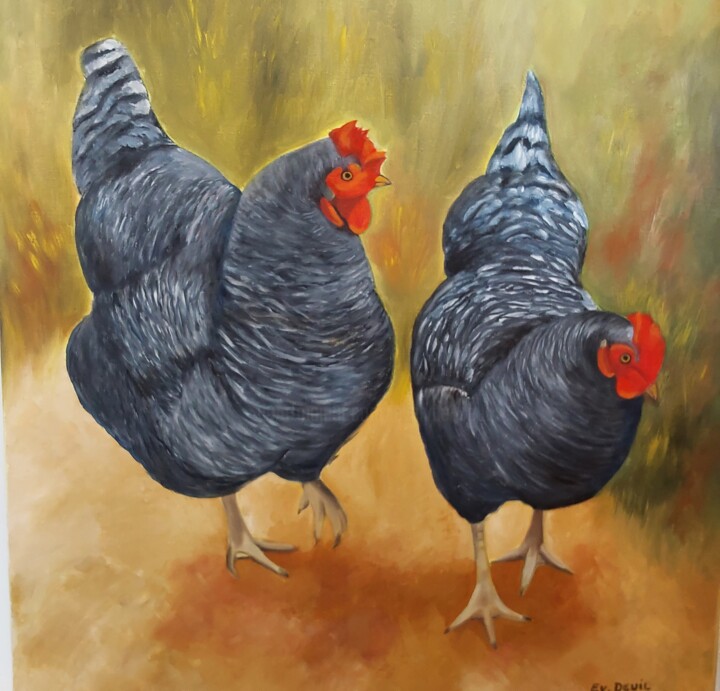 Peinture intitulée "mes poules" par Evelyne Deuil, Œuvre d'art originale, Huile