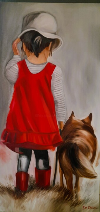 Peinture intitulée "Promenade du chien" par Evelyne Deuil, Œuvre d'art originale, Huile Monté sur Châssis en bois
