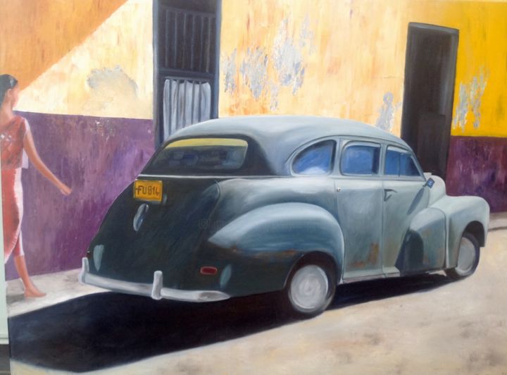 Painting titled "Voiture grise" by Evelyne Deuil, Original Artwork, Oil