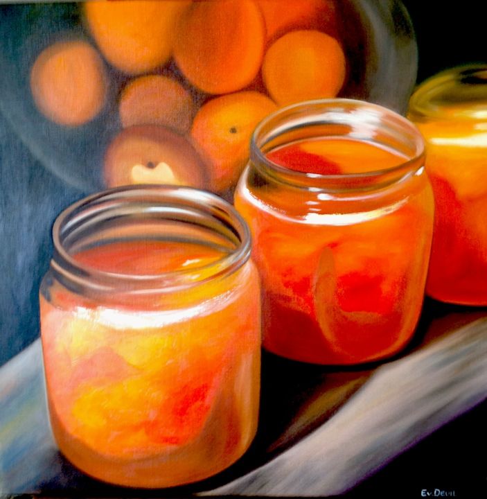 Painting titled "Pots de confiture" by Evelyne Deuil, Original Artwork, Oil