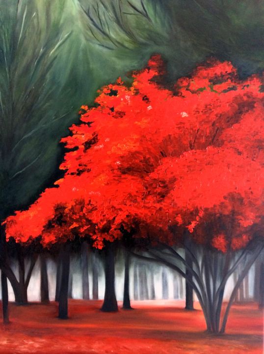 Painting titled "l'arbre rouge" by Evelyne Deuil, Original Artwork, Oil