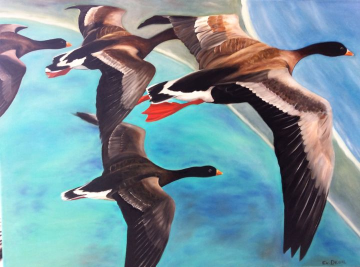 Painting titled "les oiseaux migrate…" by Evelyne Deuil, Original Artwork, Oil