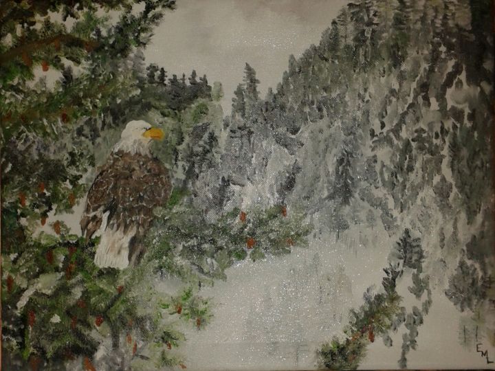 Painting titled "Pygargue à tête bla…" by Evelyne Leroy (EML), Original Artwork, Oil Mounted on Wood Stretcher frame