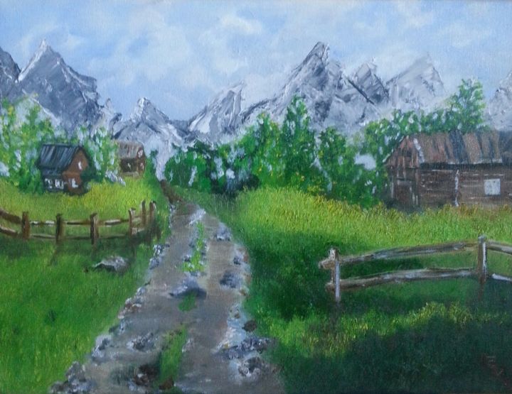 Painting titled "Un petit chemin" by Evelyne Leroy (EML), Original Artwork, Oil Mounted on Wood Stretcher frame