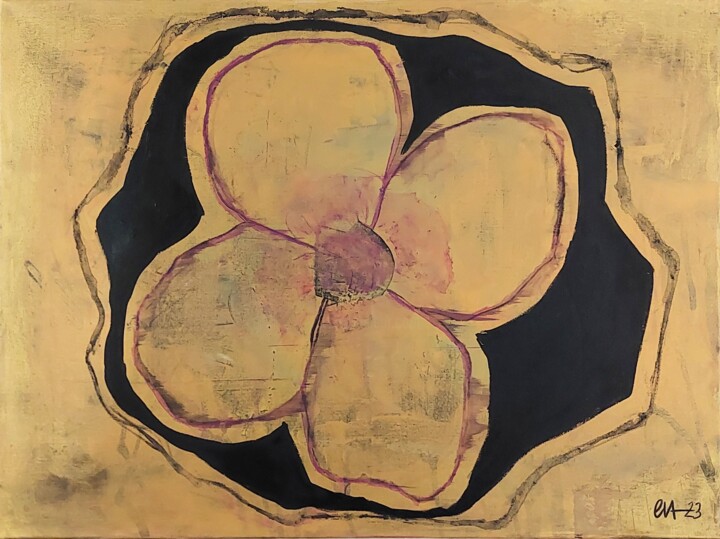 Peinture intitulée "Or et fleur" par Evelyne Nantermod, Œuvre d'art originale, Acrylique Monté sur Châssis en bois