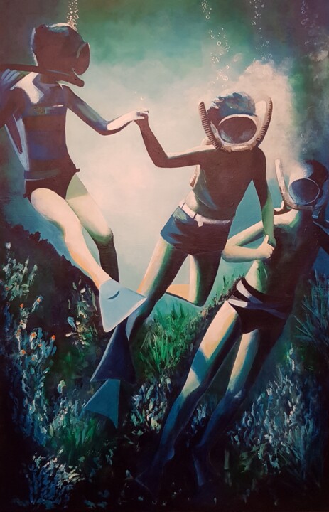 Painting titled "Le Club Cousteau" by Evelyne Sie, Original Artwork, Oil Mounted on Wood Stretcher frame