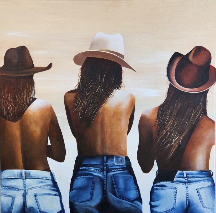 Painting titled "Les filles du ranch" by Evelyne Sie, Original Artwork, Acrylic Mounted on Wood Stretcher frame