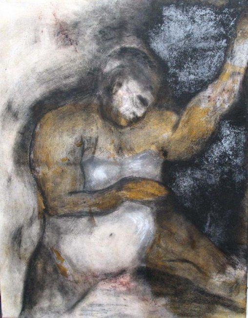 Malerei mit dem Titel "femme ocre bras levé" von Evelyne Dominault, Original-Kunstwerk, Acryl