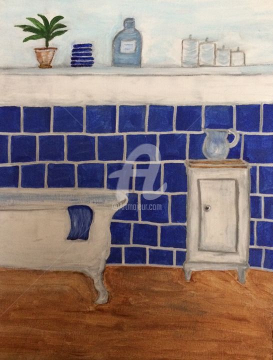 Painting titled "Old fashion bathroom" by Eve.J, Original Artwork, Acrylic