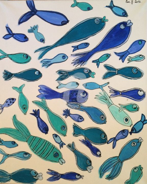 Ζωγραφική με τίτλο "Blue Fish" από Eve.J, Αυθεντικά έργα τέχνης, Ακρυλικό