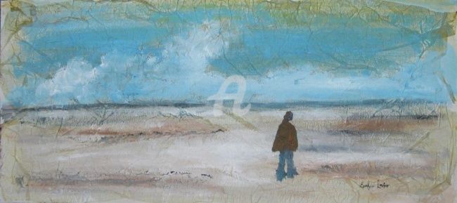 Pittura intitolato "seul sur la plage" da Evelyn Losier, Opera d'arte originale, Olio