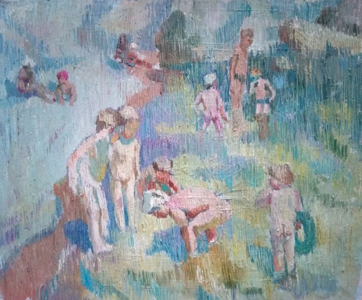 Painting titled "Дети на море" by Евгений, Original Art, Oil