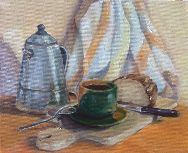 Schilderij getiteld "Fast breakfast" door Evgenia Petrova, Origineel Kunstwerk, Olie