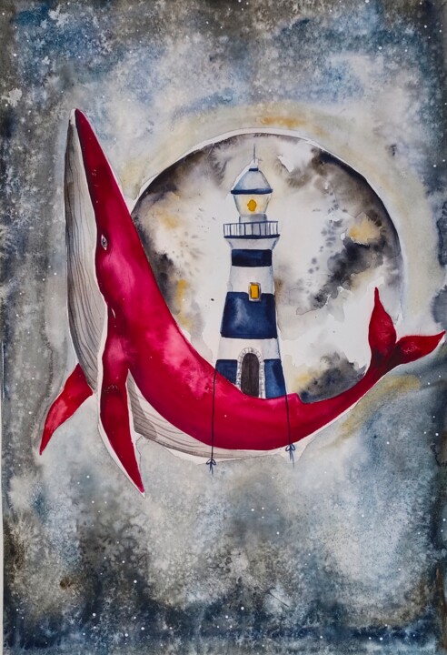 Painting titled "La balena rossa e i…" by Evgenia Smirnova, Original Artwork, Watercolor