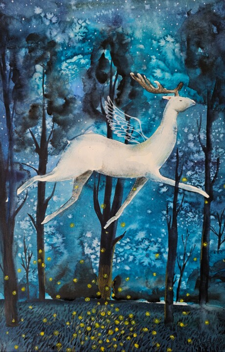 Pintura intitulada "Cervo Bianco" por Evgenia Smirnova, Obras de arte originais, Aquarela