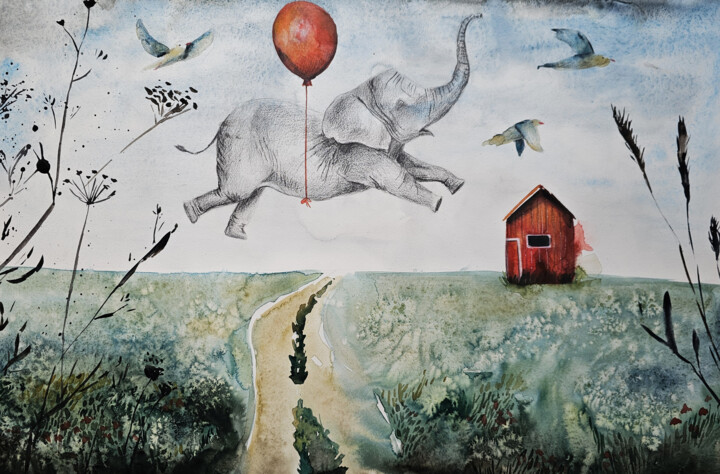 Картина под названием "Elefante volante" - Evgenia Smirnova, Подлинное произведение искусства, Акварель