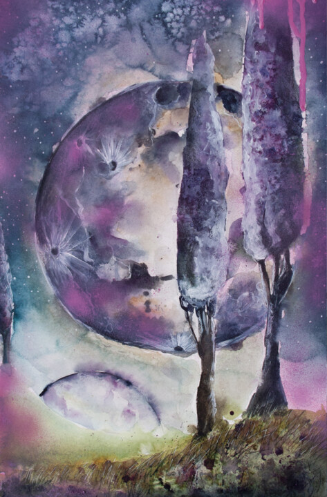Schilderij getiteld "Purple Night" door Evgenia Smirnova, Origineel Kunstwerk, Aquarel