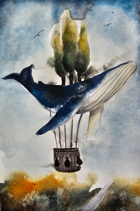 Painting titled "La balena con i cip…" by Evgenia Smirnova, Original Artwork, Watercolor