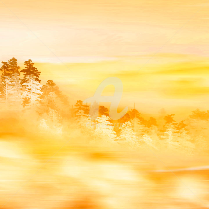 Картина под названием "Foggy morning in a…" - Ievgeniia Bidiuk, Подлинное произведение искусства, Акварель
