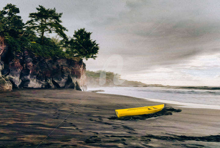 Digitale Kunst getiteld "Yellow boat on the…" door Ievgeniia Bidiuk, Origineel Kunstwerk, Digitaal Schilderwerk