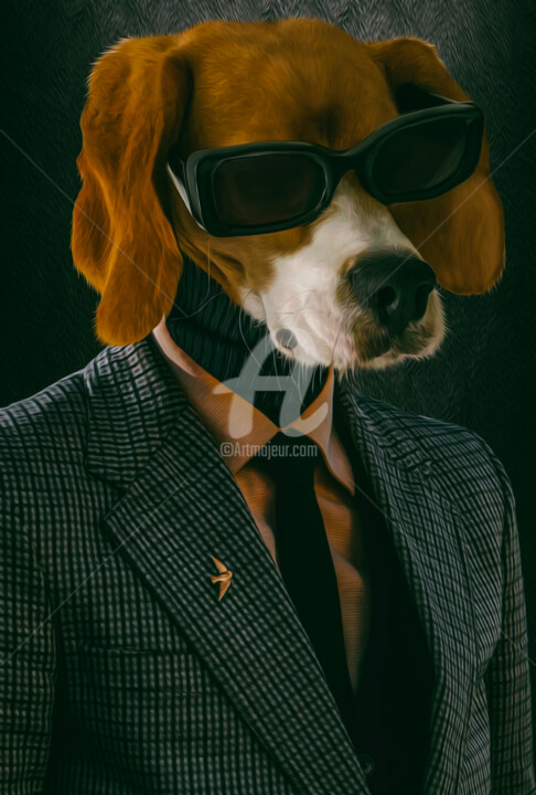 Цифровое искусство под названием "Beagle in jacket an…" - Ievgeniia Bidiuk, Подлинное произведение искусства, Цифровая живоп…