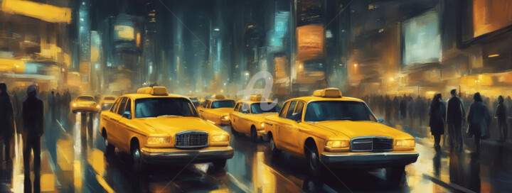 Картина под названием "Evening taxis." - Ievgeniia Bidiuk, Подлинное произведение искусства, Акрил