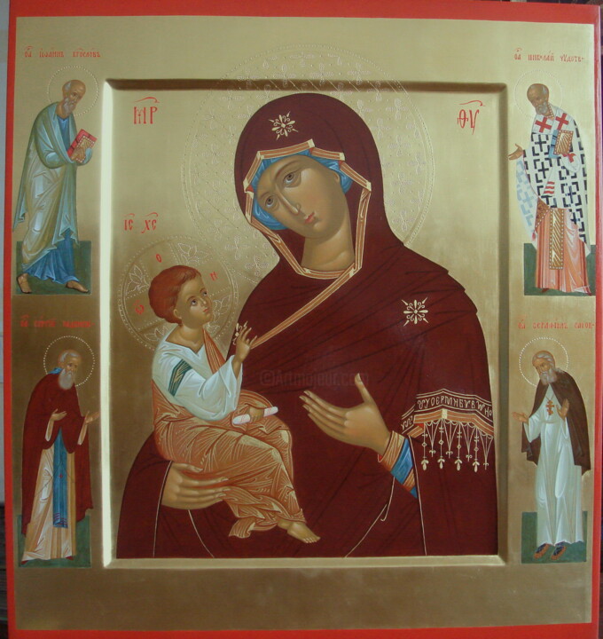 Pittura intitolato "Our Lady with the S…" da Evgenii Seroshtan, Opera d'arte originale, pigmenti