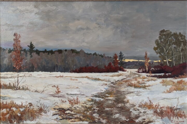 Картина под названием "Winter road" - Евгений Кисленко, Подлинное произведение искусства, Масло