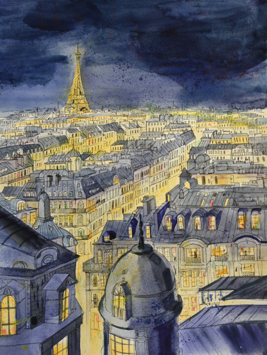 Painting titled "Paris by night" by Evgeniya Ivanov, Original Artwork, Watercolor