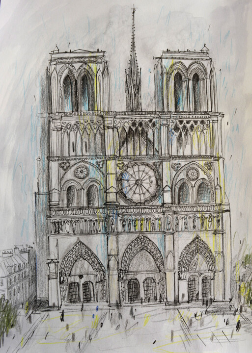 Картина под названием "Notre Dame de Paris" - Evgeniya Ivanov, Подлинное произведение искусства, Карандаш