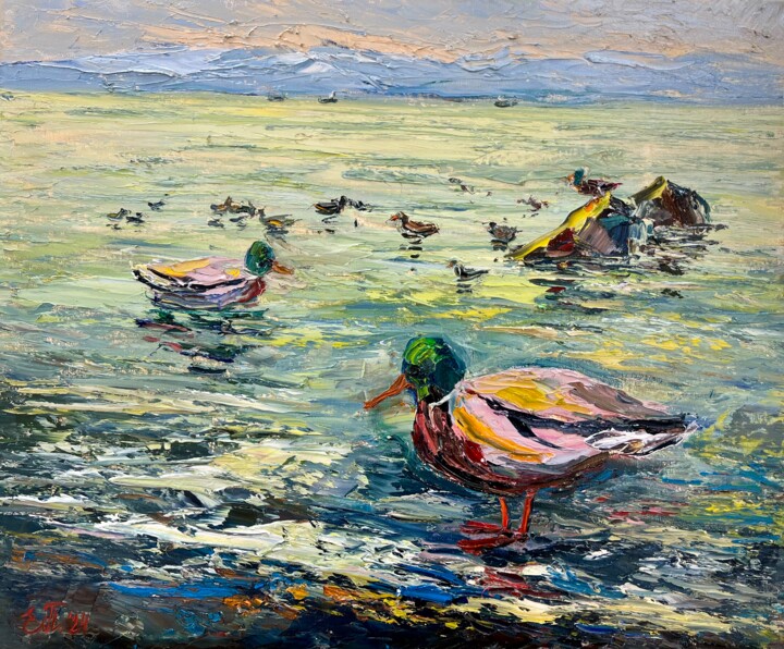 Malarstwo zatytułowany „Ducks in Avacha Bay” autorstwa Evgeniya Polyudova, Oryginalna praca, Olej